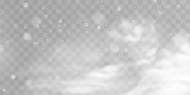 Christmas background overlay mid-air flying white snowflakes. Heavy snowfall on transparent vector background.