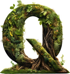 3d render letter Q surrounded by Use a tree as the central element, with lush leaves and roots spreading out