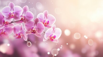 Fototapeta premium Whispers of Orchids - Luminous Bokeh Meets Delicate Petals - Nature's Canvas Backdrop Offering Empty Space for Your Text - Beautiful Orchids Bokeh Background created with Generative AI Technology