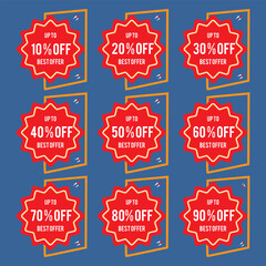 Special offer discount tag with 10, 10, 20, 30, 40, 50, 60, 70, 80 and 90 percent off price reduction. Discount tag, label, badge, sign for advertising campaign in retail