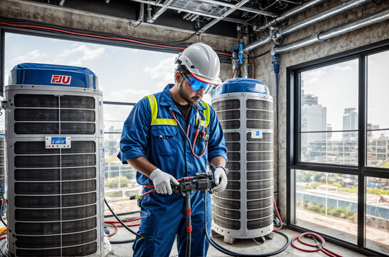 Precision Rooftop Repairs: Authentic Image of a Worker Maintaining AC Equipment