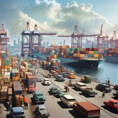 Fototapeta premium Vibrant and busy cargo port with ships, cranes, and containers