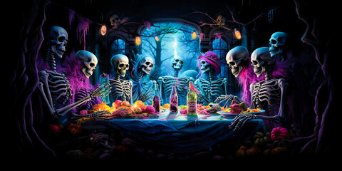 illustration of skeletons which sitting at festive table and celebrating Halloween. Halloween party