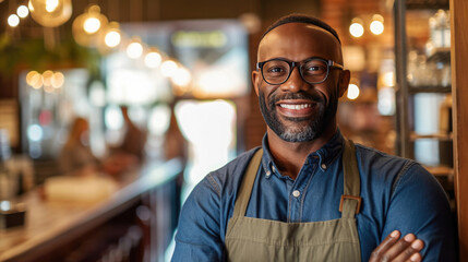 Portrait of happy African American man standing at doorway of her store. Cheerful mature waitress waiting for clients at coffee shop. Small Business Owner. Generative Ai