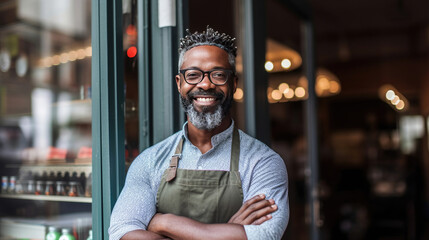 Portrait of happy African American man standing at doorway of her store. Cheerful mature waitress waiting for clients at coffee shop. Small Business Owner. Generative Ai