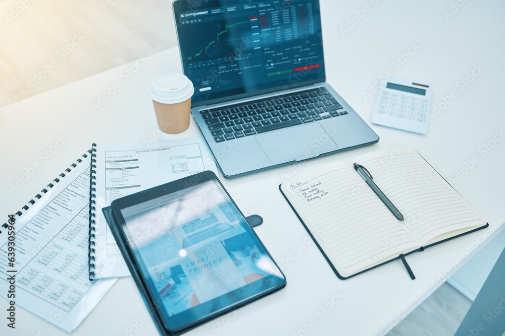 Poster technology, office desk and trading, stock market and paperwork, finance and statistics information.