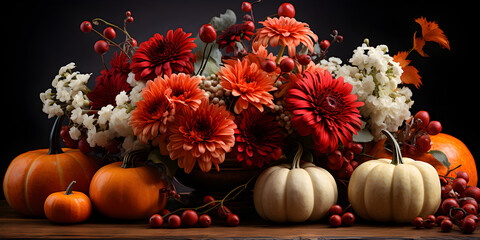 Obraz na płótnie Canvas Festive autumn decoration with pumpkins, flowers and fall leaves. Thanksgiving day or Halloween banner concept.