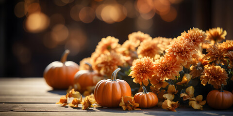 Festive autumn decoration with pumpkins, flowers and fall leaves. Thanksgiving day or Halloween banner concept. - Powered by Adobe