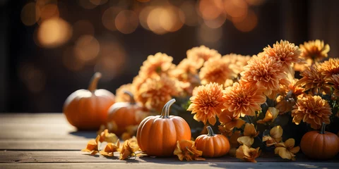 Poster Im Rahmen Festive autumn decoration with pumpkins, flowers and fall leaves. Thanksgiving day or Halloween banner concept. © AnaWein