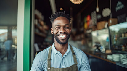 Portrait of happy African American man standing at doorway of her store. Cheerful mature waitress waiting for clients at coffee shop. Small Business Owner. Generative Ai