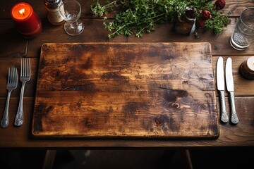 Wooden chopping board on a kitchen table with a chefs knife , Generative Ai 