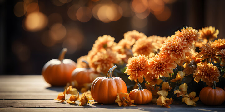 Festive autumn decoration with pumpkins, flowers and fall leaves. Thanksgiving day or Halloween banner concept.