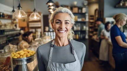 Portrait of happy woman standing at doorway of her store. Cheerful mature waitress waiting for clients at coffee shop. Small Business Owner. Generative Ai
