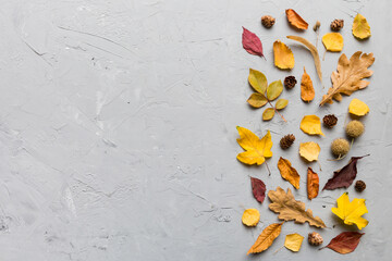Autumn composition. Pattern made of dried leaves and other design accessories on table. Flat lay, top view