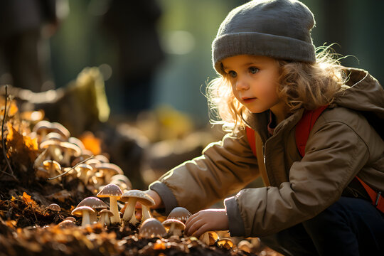 Happy Child Picking Mushrooms In The Autumn Forest. Picking Season And Leisure People, Fall Concept.