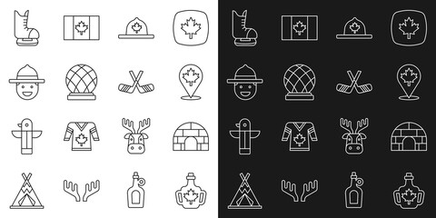 Set line Bottle of maple syrup, Igloo ice house, Canadian leaf, ranger hat, Montreal Biosphere, Skates and Ice hockey sticks icon. Vector