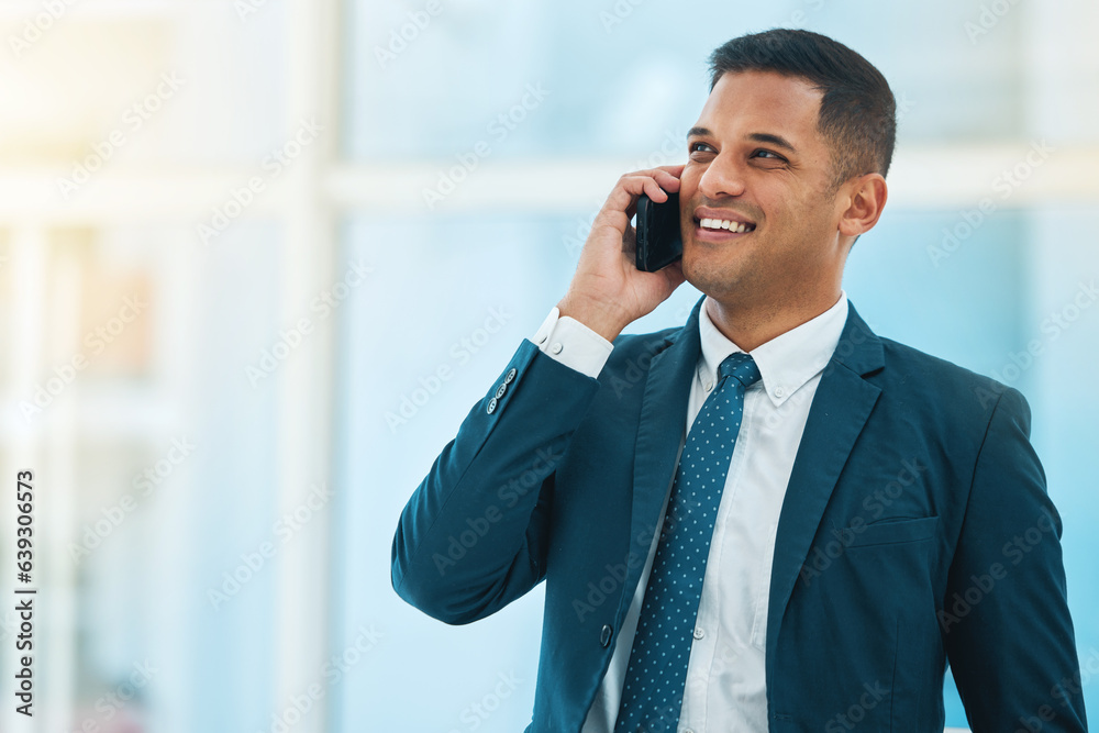 Poster Phone call, talking and business man in office for online chat, networking and discussion. Corporate worker, professional and happy person on smartphone for planning, schedule and communication