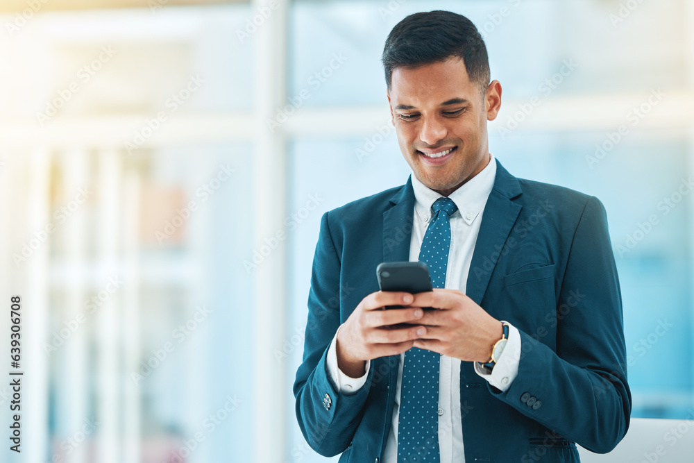 Poster phone, smile and mockup with a business man in his office, typing a text message for communication. 