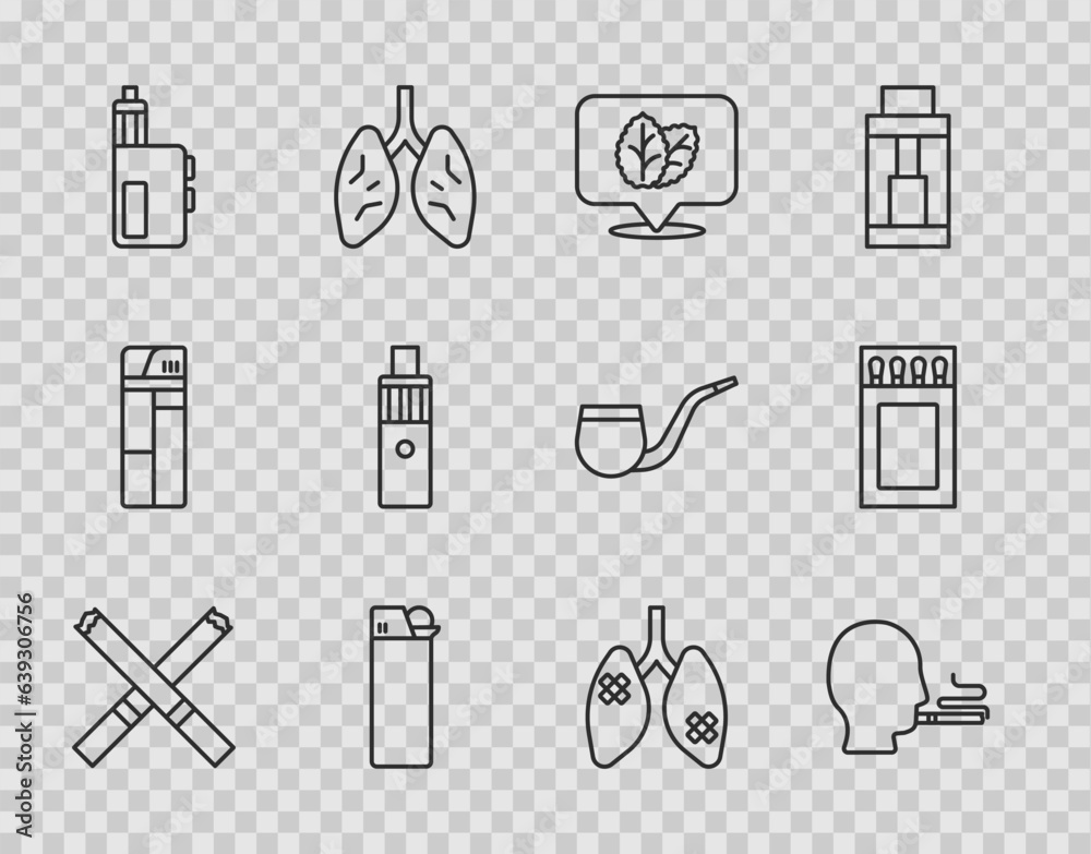 Wall mural Set line Cigarette, Man smoking cigarette, Tobacco leaf, Lighter, Vape mod device, Disease lungs and Matchbox and matches icon. Vector