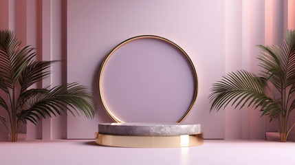 Round purple pastel podium and palm leaf, Abstract minimal geometric background, Aesthetic summer dais and shadows on the wall, 3D Modern design for product showcase, studio lighting, AI generated.