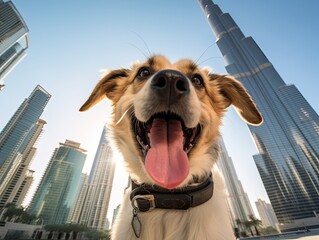 A cute dog smiles while taking a selfie in front of Burj Khalifa