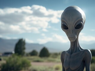 a slim grey alien view from back doing research in Area 51