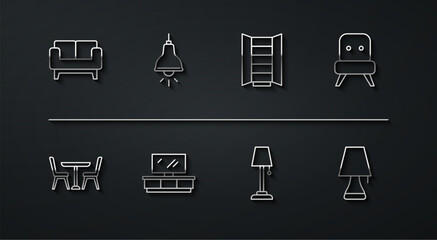 Set line Sofa, Table with chair, Armchair, Floor lamp, TV table stand, Lamp hanging, and Wardrobe icon. Vector