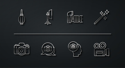 Set line Dust blower, Photo camera, retouching, Studio light bulb softbox, Retro cinema and icon. Vector