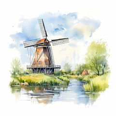 Old wooden windmill in Netherlands, watercolor art illustration.