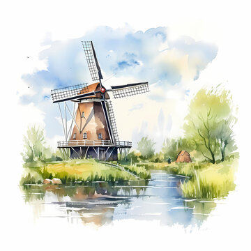Old wooden windmill in Netherlands, watercolor art illustration.