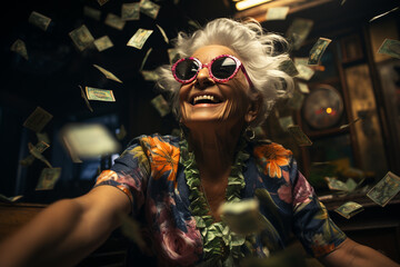 old aged crazy funny women with lots of money - obrazy, fototapety, plakaty