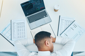 Fototapeta na wymiar Business man, sleep on desk with trader, laptop and stock market, paperwork with statistics information and fatigue. Insomnia, overworked and burnout, data analysis and top with finance and analytics