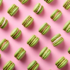 Fototapeten Matcha macarons assortment on trendy pink background. Sweet french cookies, pistachio macaroons set for ads, menu, printed products. Spirulina green tea macarons banner, pattern © Alina