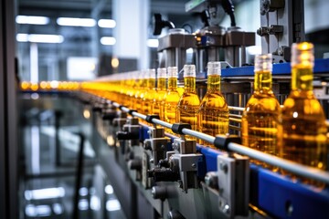 Process of beverage manufacturing on a conveyor belt at a factory.