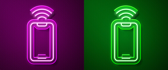 Glowing neon line Smartphone with free wi-fi wireless connection icon isolated on purple and green background. Wireless technology, wi-fi connection, wireless network. Vector