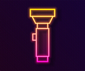 Glowing neon line Flashlight icon isolated on black background. Vector
