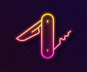 Glowing neon line Swiss army knife icon isolated on black background. Multi-tool, multipurpose penknife. Multifunctional tool. Vector