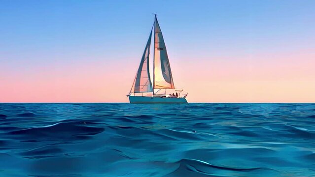 Cartoon animation of small yacht boat sailing at sunset. Sailboat in the middle