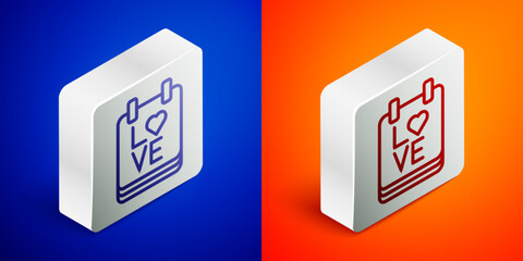 Isometric line Calendar with February 14 icon isolated on blue and orange background. Valentines day. Love symbol. Silver square button. Vector