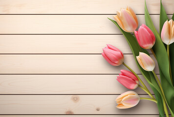 bouquet of tulips, pink tulips with the word happy birthday are shown on a wooden background