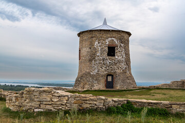 One of the towers of the ancient fortress of the ancient Bulgarian Yelabuga settlement and view of...