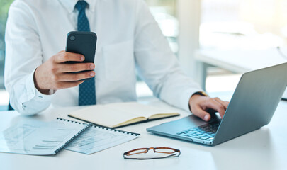 Fototapeta premium Laptop, phone and hands typing in office, multitask and working on project. Computer, smartphone and business consultant at desk on internet, man networking on email app and research info on website