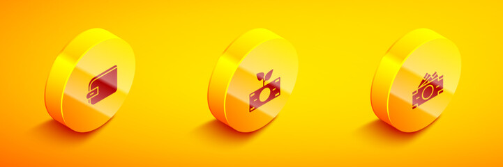Set Isometric Wallet, Money plant in the pot and Stacks paper money cash icon. Vector