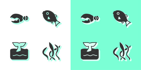 Set Seaweed, Lobster or crab claw, Whale tail in ocean wave and Tropical fish icon. Vector
