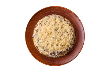 Delicious fresh pie with chicken liver, eggs, onions, carrots and mayonnaise