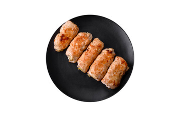 Delicious baked pork or chicken roll with mushrooms, spices and herbs inside