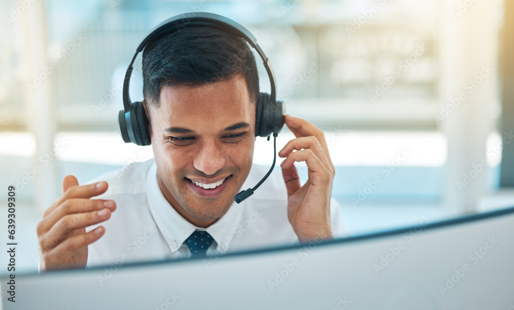 Poster man, callcenter and phone call, contact us and headset with mic, crm and communication, smile with h