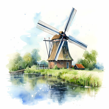 Windmill in Netherlands, watercolor art illustration.