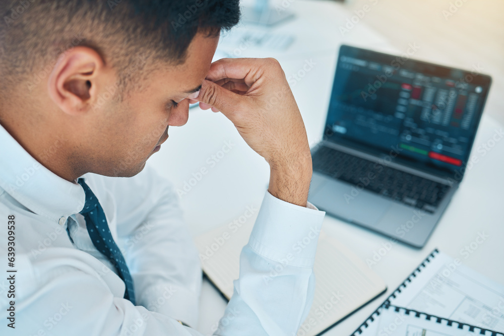 Aufkleber business man, headache and laptop of stock market crash, bankruptcy and financial mistake, error or 