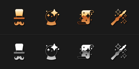 Set Magician, ball, scroll and wand icon. Vector